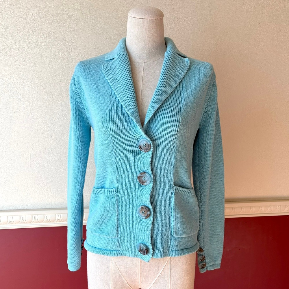 Alps Turquoise Blue 100% Cotton Button Front Blazer Cardigan Sweater PS Coastal